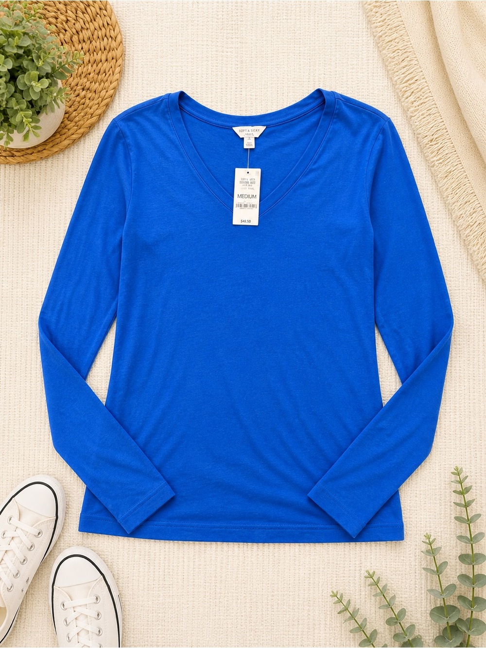 Charter Club Blue V Neck Long Sleeve Top M NWT
